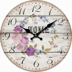 Dřevěné nástěnné hodiny Home and flowers