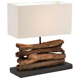 Bílá bavlněná stolní lampa Kave Home Sahai s dřevěnou podstavou  - Výška40 cm- Šířka 35 cm