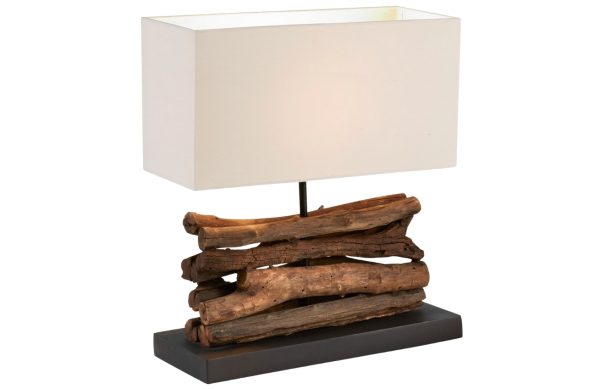 Bílá bavlněná stolní lampa Kave Home Sahai s dřevěnou podstavou  - Výška40 cm- Šířka 35 cm