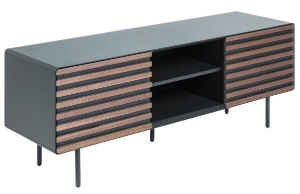 Černý lakovaný TV stolek Kave Home Kesia 162 x 45 cm s ořechovým dekorem  - Výška19 cm- Šířka 162 cm