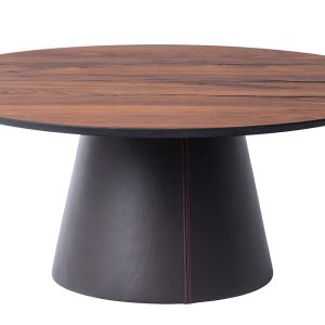 Hnědý dubový konferenční stolek Marco Barotti 90 cm s koženou podnoží  - Výška37 cm- Průměr 90 cm