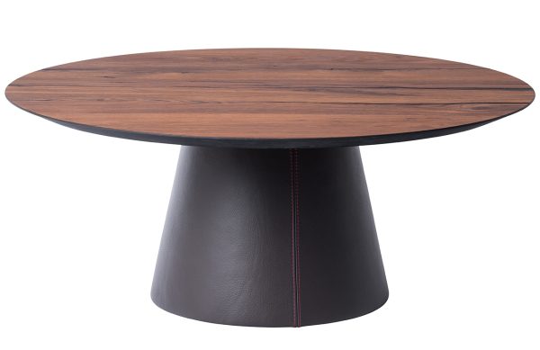 Hnědý dubový konferenční stolek Marco Barotti 90 cm s koženou podnoží  - Výška37 cm- Průměr 90 cm