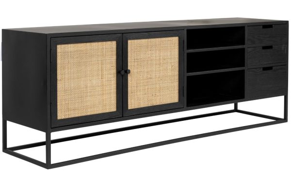 White Label Černý lakovaný TV stolek s ratanovou výplní WLL GUUJI 150 x 38 cm  - Výška55 cm- Šířka 150 cm