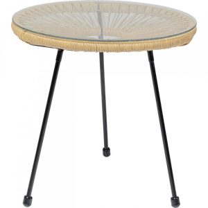 Kare Design Skleněný zahradní odkládací stolek Acapulco s béžovým výpletem  - Výška53 cm- Průměr 54 cm