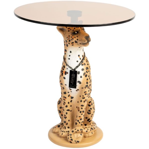 Hnědý odkládací stolek Bold Monkey Proudly Crowned Panther 40 cm se skleněnou deskou  - Výška45 cm- Průměr 40 cm