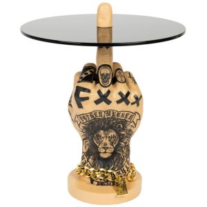 Kouřově šedý skleněný odkládací stolek Bold Monkey Fother Mucker Lion 40 cm  - Výška50 cm- Průměr 40 cm