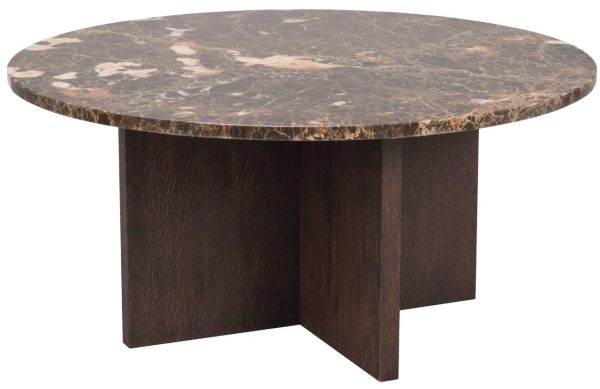Hnědý mramorový konferenční stolek ROWICO BROOKSVILLE 90 cm s hnědou podnoží  - Výška42 cm- Průměr 90 cm