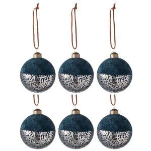 Set šesti modrých sametových vánočních ozdob J-Line Velsey 8 cm  - průměr8 cm- ozdoba Sklo