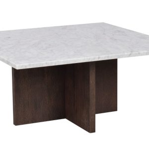 Bílý mramorový konferenční stolek ROWICO BROOKSVILLE 90 x 90 cm s hnědou podnoží  - Výška42 cm- Šířka 90 cm