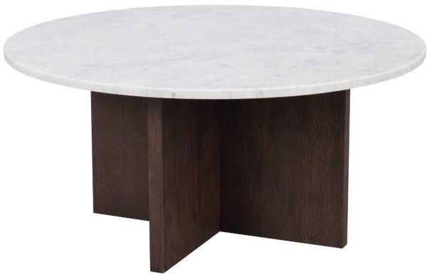 Bílý mramorový konferenční stolek ROWICO BROOKSVILLE 90 cm s hnědou podnoží  - Výška42 cm- Průměr 90 cm