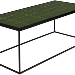 Zelený kovový konferenční stolek ZUIVER GLAZED s keramickým obkladem 93x43 cm  - Výška36 cm- Šířka 93 cm