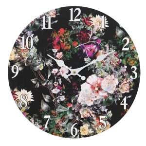 Černé nástěnné vintage hodiny s květy I – Ø 34*4 cm / 1*AA Clayre & Eef  - -