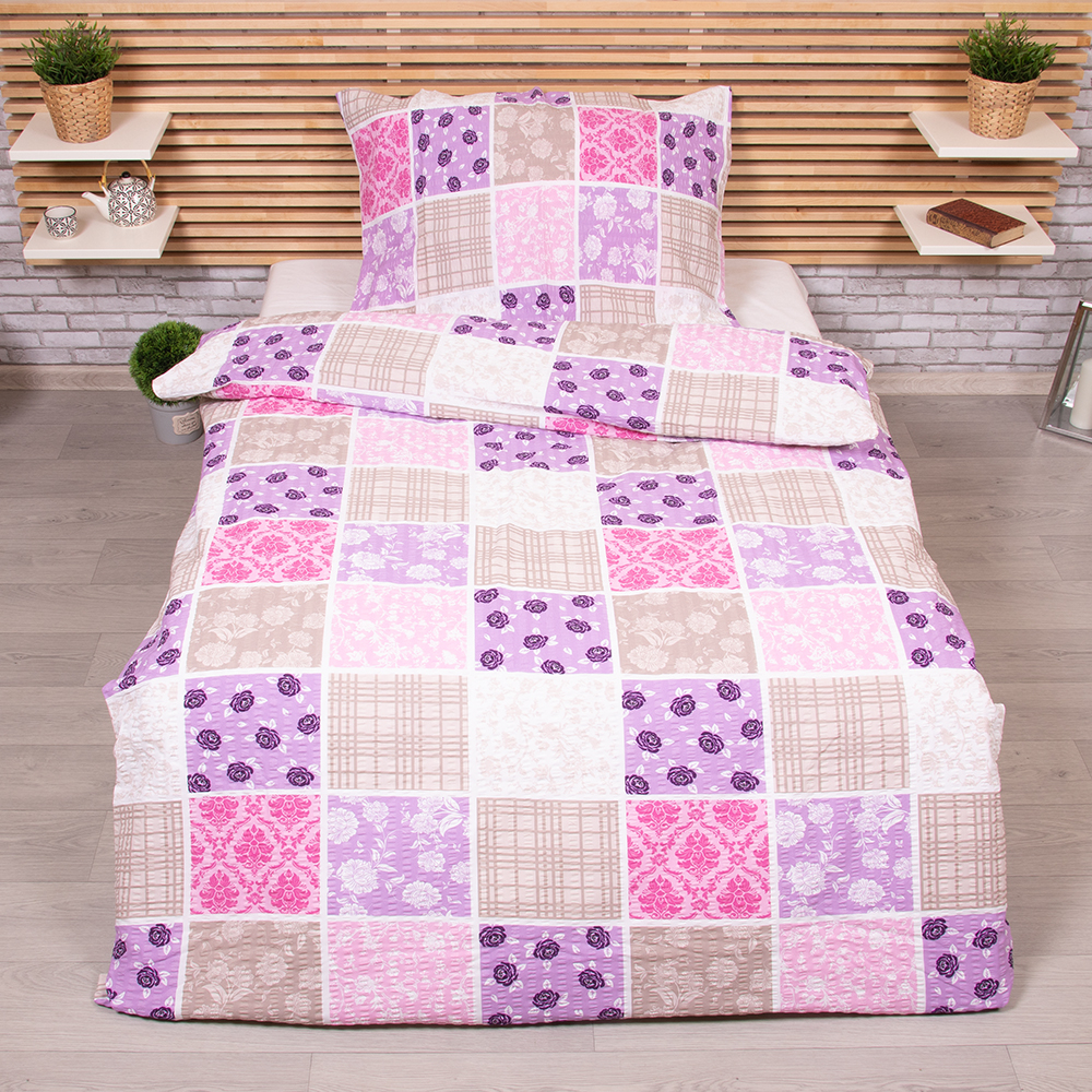 TP Krepové povlečení DELUXE 140x200+70x90 - Patchwork růžový  - -