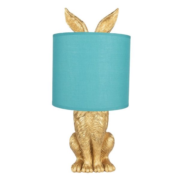 Zlatá stolní lampa králík s tyrkysovým stínidlem Rabbi – Ø20*43 cm E27/max 1*60W Clayre & Eef  - -