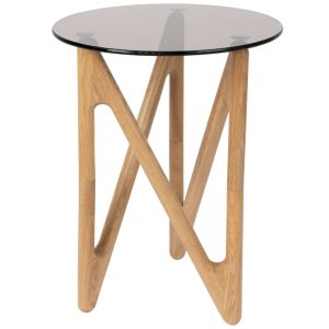 Hnědý skleněný odkládací stolek DUTCHBONE NAIA 40 cm s přírodní podnoží  - Výška50 cm- Průměr 40 cm