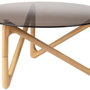Hnědý skleněný konferenční stolek DUTCHBONE NAIA 80 cm s přírodní podnoží  - Výška40 cm- Průměr 80 cm