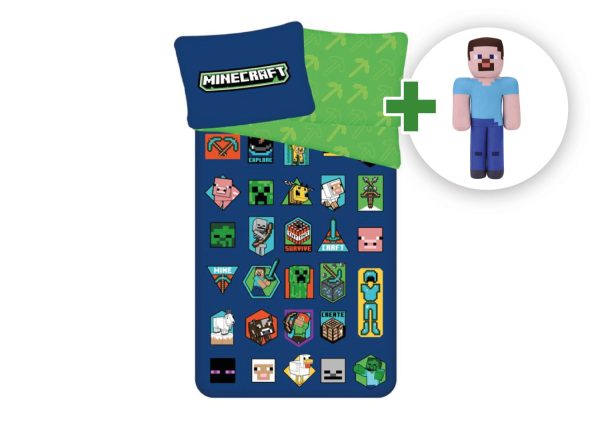 Sada povlečení Minecraft Badges + plyšová hračka Steve  - -