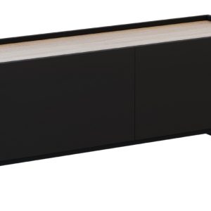 Černý lakovaný TV stolek Windsor & Co Helene 120 x 40 cm s dubovým dekorem  - Výška50 cm- Šířka 120 cm