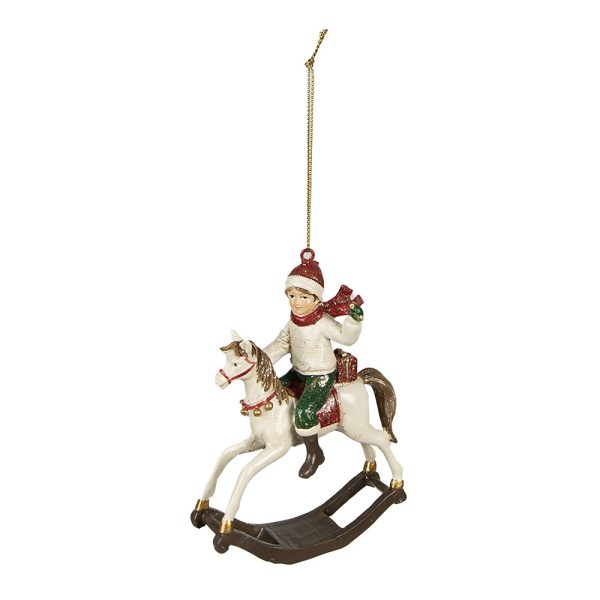 Bílá vánoční závěsná dekorace chlapec na houpacím koníkovi - 9*5*12 cm Clayre & Eef  - -