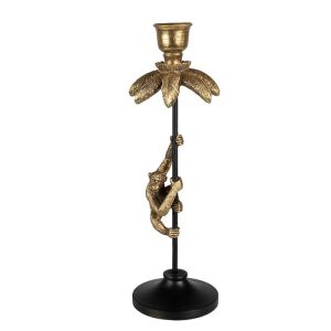 Černo - zlatý antik svícen ve tvaru palmy s opičkou Monkey - Ø 11*32 cm Clayre & Eef  - -