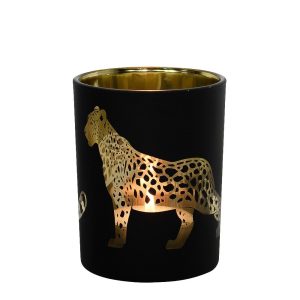 Černo zlatý skleněný svícen s jaguárem L - 10*10*12cm Mars & More  - -