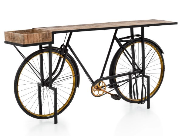 Černý kovový konzolový stolek kolo s dřevěnou deskou Bike - 185*45*90cm Massivum  - -