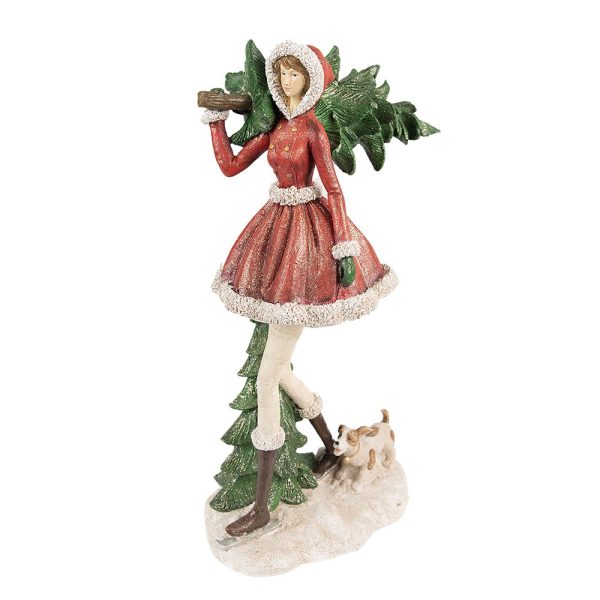Červená dekorace socha dívka nesoucí stromek s pejskem - 25*17*43 cm Clayre & Eef  - -