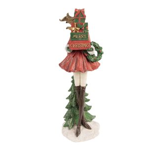 Červená dekorace socha dívka s věnečkem a dárky Merry Christmas - 15*14*43 cm Clayre & Eef  - -