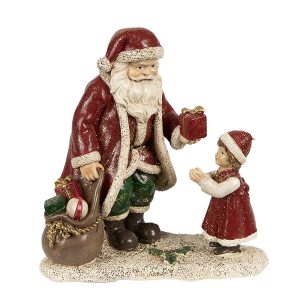 Červená vánoční dekorace socha Santa s děvčátkem - 14*9*14 cm Clayre & Eef  - -
