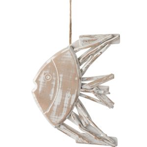 Dřevěná dekorace ryba na provázku s bílou patinou Fish flat - 22*4*28cm J-Line by Jolipa  - -