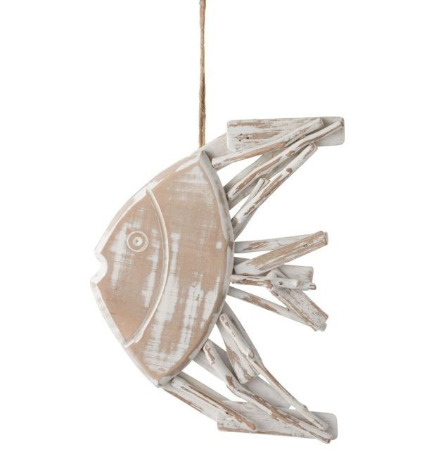 Dřevěná dekorace ryba na provázku s bílou patinou Fish flat - 22*4*28cm J-Line by Jolipa  - -