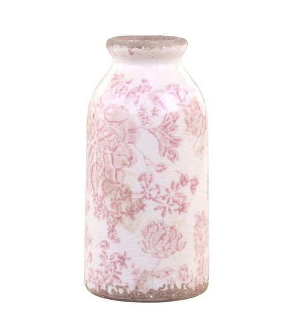 Keramická dekorační váza s růžovými květy Melun - Ø 8*16 cm Chic Antique  - -