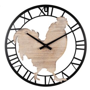 Kovové nástěnné hodiny s dřevěným kohoutem - Ø 50*4 cm / 1*AA Clayre & Eef  - -