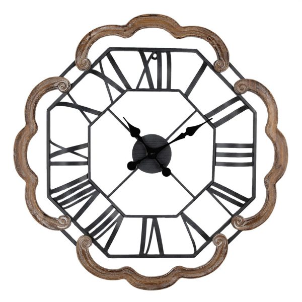 Kovové nástěnné hodiny s dřevěným okrajem ve tvaru květu - Ø 70*5 cm / 1*AA Clayre & Eef  - -