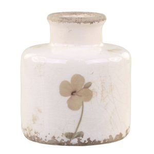 Krémová keramická dekorační váza s květem Versailles - Ø 9*10cm Chic Antique  - -