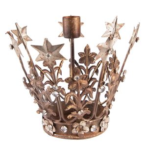 Měděno - hnědý antik kovový svícen koruna Crown s kamínky - Ø 17*15 cm Clayre & Eef  - -
