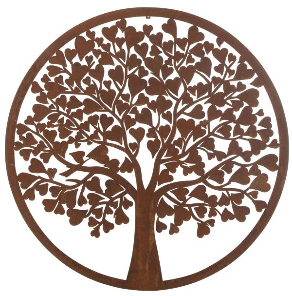 Rezavá kovová zahradní nástěnná dekorace strom se srdíčky - Ø 99*1