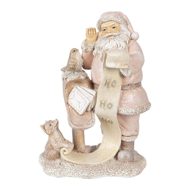 Růžová vánoční dekorace socha Santa se zvířátky - 11*8*15 cm Clayre & Eef  - -