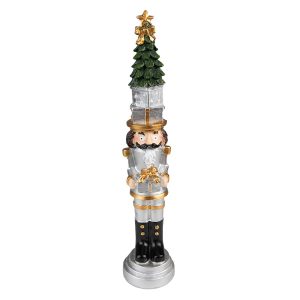 Stříbrná vánoční dekorace Louskáček se stromkem a dárkem - 5*5*25 cm Clayre & Eef  - -