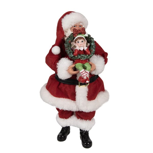 Vánoční dekorace taťka Santa Claus držící věneček s Elfem - 16*8*28 cm Clayre & Eef  - -