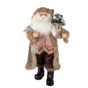 Vánoční dekorace Santa v béžovém kabátě a s vločkou - 37*29*82 cm Clayre & Eef  - -