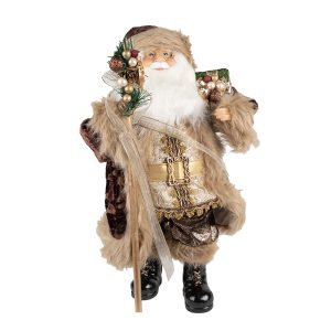 Vánoční dekorace Santa v hnědém kabátě a s holí - 26*16*47 cm Clayre & Eef  - -