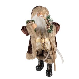 Vánoční dekorace Santa v hnědém kabátě a s holí - 29*20*63 cm Clayre & Eef  - -