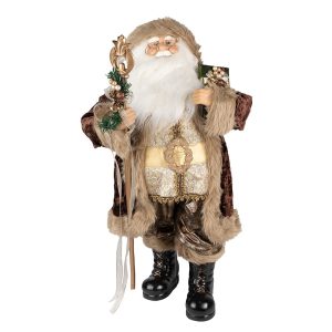 Vánoční dekorace Santa v hnědém kabátě a s holí - 37*29*82 cm Clayre & Eef  - -