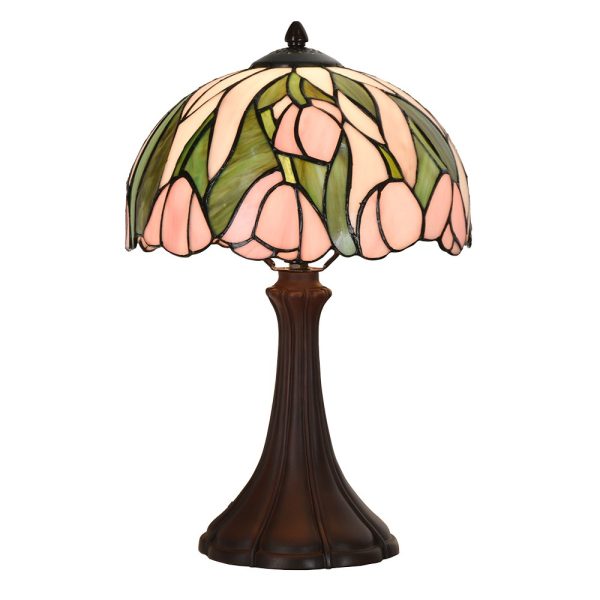 Zeleno-růžová stolní Tiffany lampa s tulipány Tulipé - Ø 27*40 cm E14/max 1*40W Clayre & Eef  - -