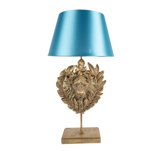 Zlatá stolní lampa s lvicí a s modrým stínidlem - Ø 35*66 cm E27/max 1*60W Clayre & Eef  - -