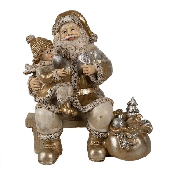 Zlatá vánoční dekorace Santa s děvčátkem a dárky - 15*11*17 cm Clayre & Eef  - -