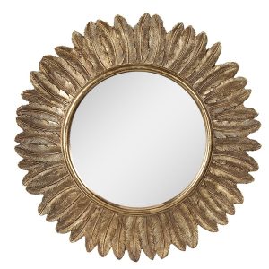 Zlaté antik nástěnné kulaté zrcadlo s peříčky - Ø 31*2 cm Clayre & Eef  - -