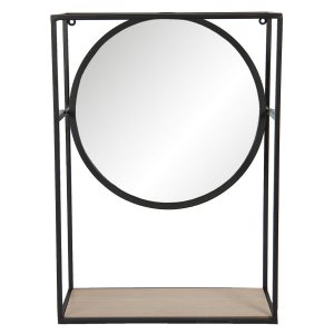 Zrcadlo v černém kovovém rámu s dřevěnou policí - 36*15*50 cm Clayre & Eef  - -