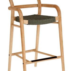 Dřevěná barová židle Kave Home Sheryl 69 cm se zeleným výpletem  - Výška100 cm- Výška sedu 69 cm